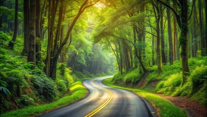 Obraz premium A beautiful winding road surrounded by lush green trees in the forest, forest, nature, road, trees, foliage, pathway