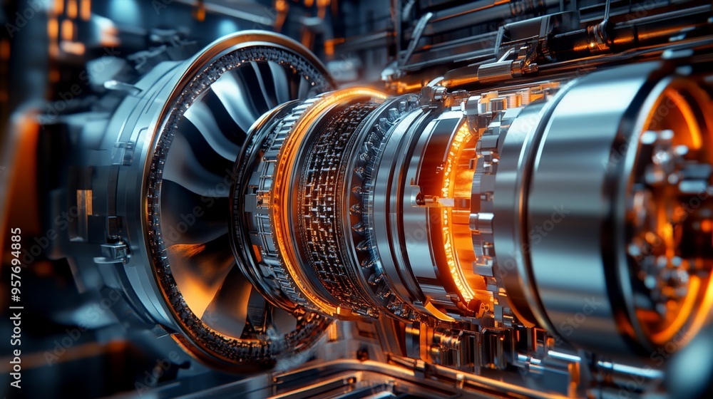 Poster close-up of a high-tech industrial turbine engine showcasing intricate design and advanced engineeri