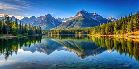 Obraz premium Tranquil mountain lake reflecting surrounding scenery, Serene, calm, peaceful, reflection, water, nature, mountains