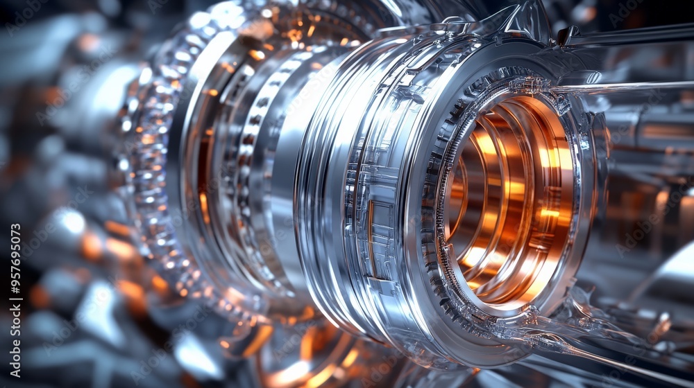 Poster close-up of a metallic, futuristic mechanical part with intricate details and glowing orange element