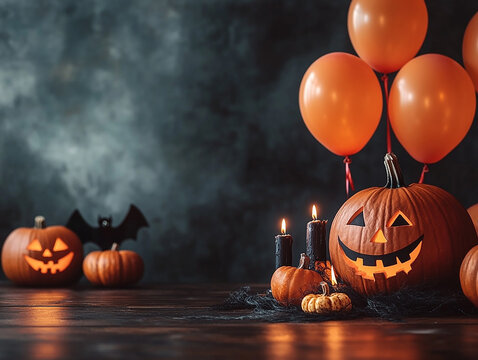 
Upscale
10h




Halloween background with pumpkins, balloons, and candles on a dark wooden table. Halloween party concept.