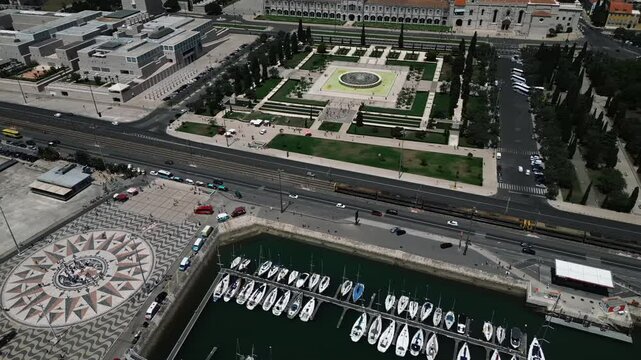 Urban aerial video over the city of Lisbon on the coastline, Portugal