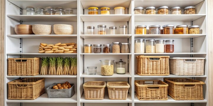 Modern pantry organization with wicker baskets and neutral tones, pantry, organization, modern, wicker baskets