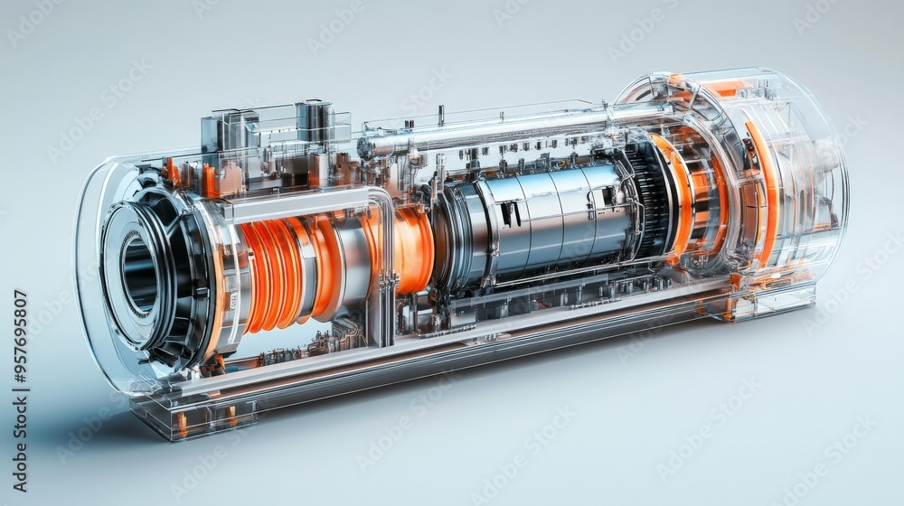 Poster close-up of transparent industrial motor model showcasing intricate mechanical components and design