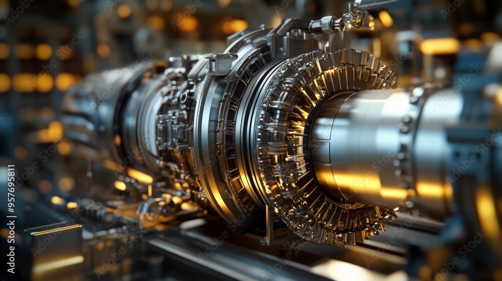 Poster close-up view of a complex industrial turbine engine showcasing intricate mechanical details and pre