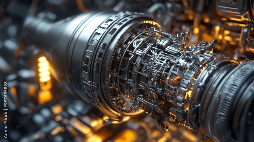 Poster close-up view of a complex turbine engine with intricate details and metallic textures, illuminated 