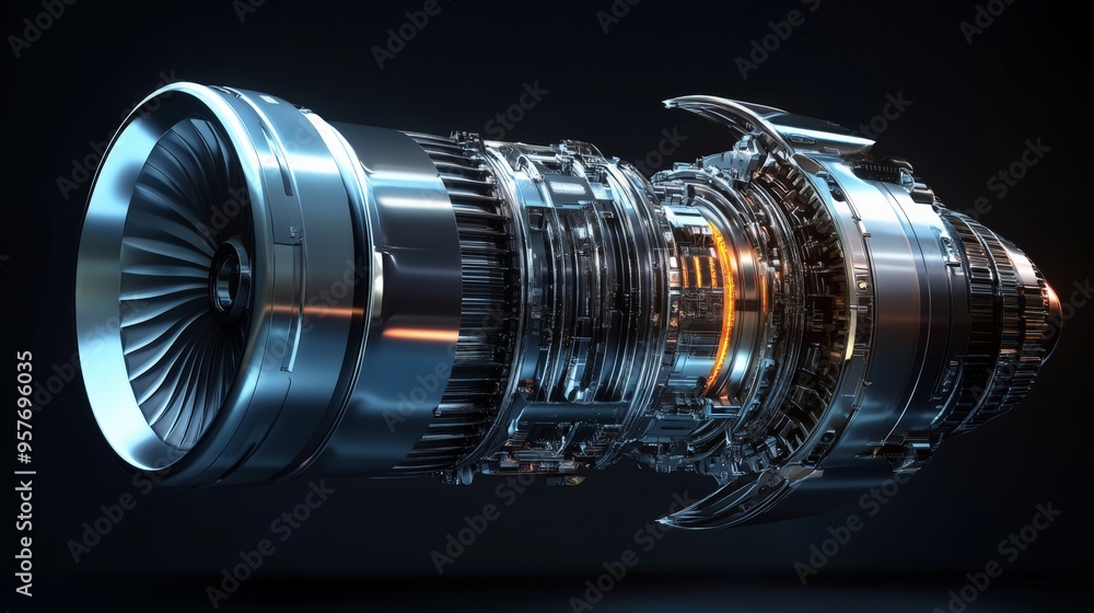 Poster close-up view of a modern jet engine turbine, showcasing intricate mechanical parts and advanced eng