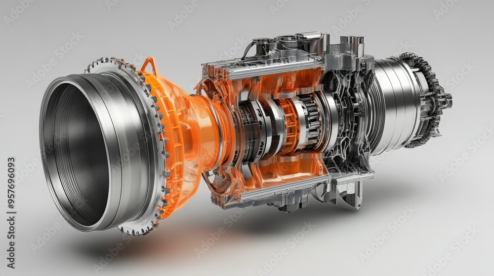 Poster detailed 3d rendering of a high-tech jet engine, showcasing its intricate internal components and me