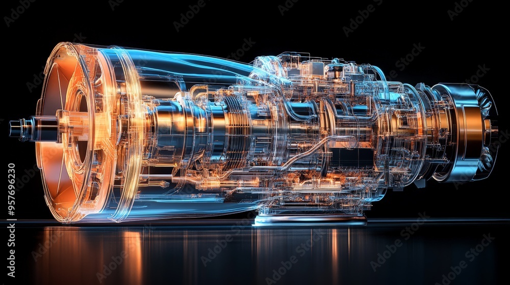 Poster detailed transparent 3d model of a turbine engine, showcasing intricate design and engineering, glow