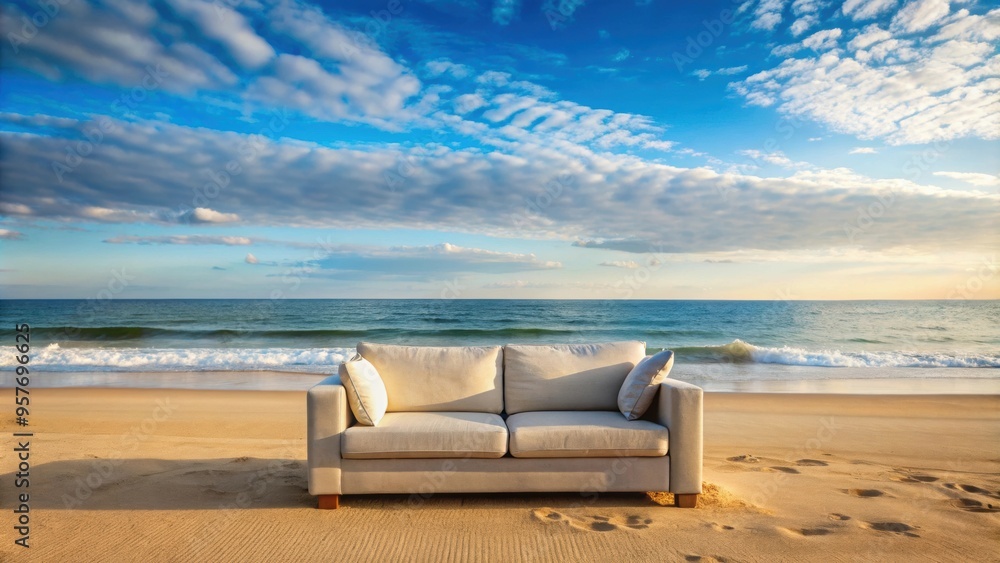 Wall mural Sofa placed on a sandy beach with ocean in background, sofa, beach, ocean, relax, vacation, travel, leisure, furniture