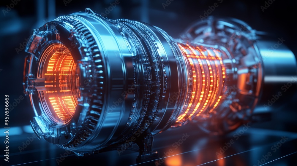 Poster futuristic glowing engine technology with intricate details, showcasing advanced engineering in a hi