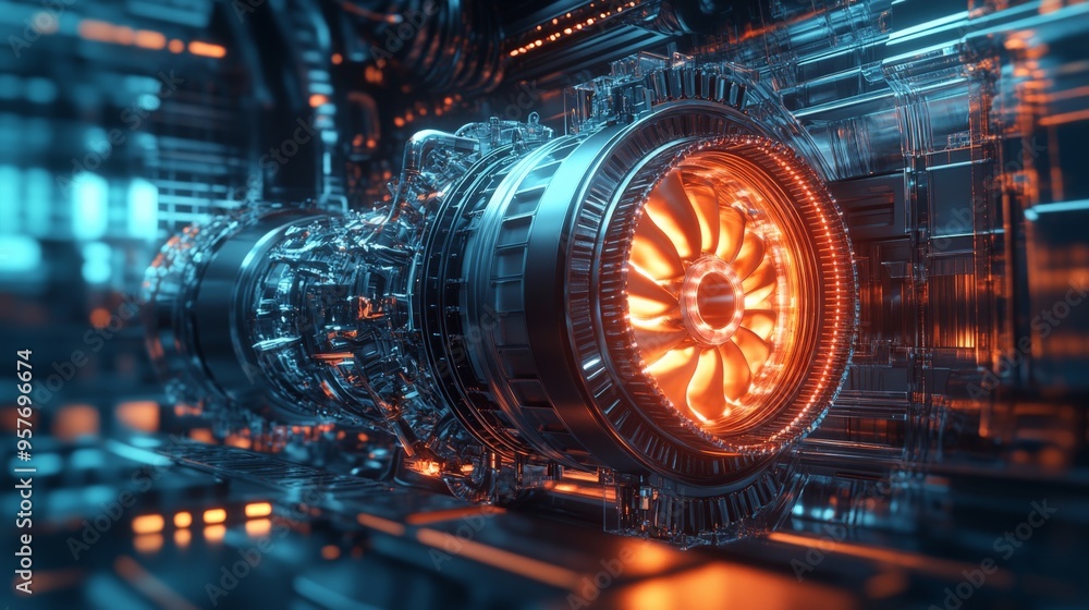 Poster futuristic engine with glowing orange core surrounded by complex machinery, representing advanced te
