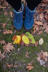 hiking boots with colorful fall leaves