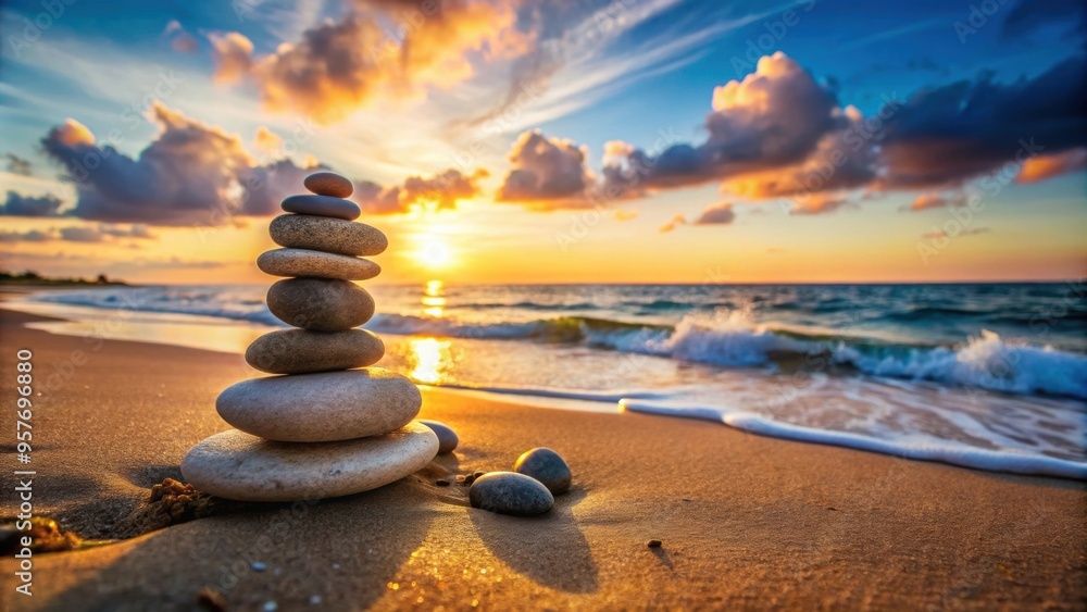 Sticker Balanced stones stacked on a tranquil sandy beach at sunset with a serene ocean backdrop, perfect for relaxation and meditation