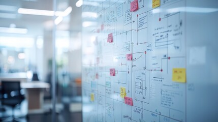 Business plan flowchart on a whiteboard in a conference room, collaborative planning session