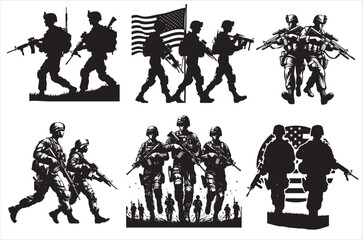 Silhouettes of Army Combat Soldiers, soldiers Vector bundle, Silhouette, Veteran Soldier vector. 