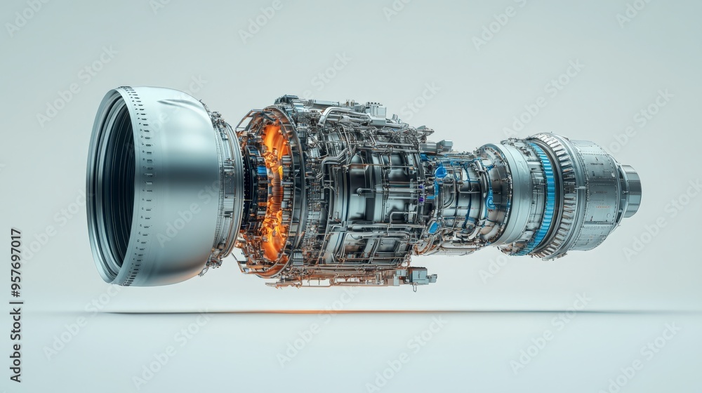 Poster high-resolution image of a futuristic jet engine, showcasing intricate details and advanced engineer