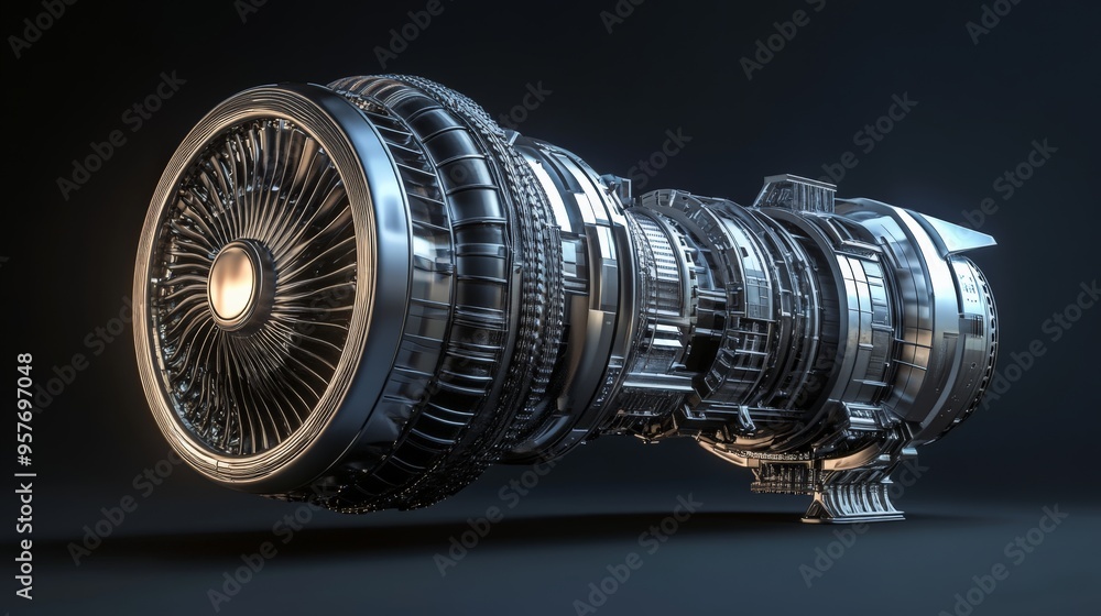 Poster high-resolution image of a futuristic jet engine with intricate details, showcasing advanced enginee