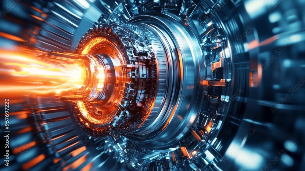 Poster high-tech representation of a futuristic machinery system with glowing elements, showcasing advanced