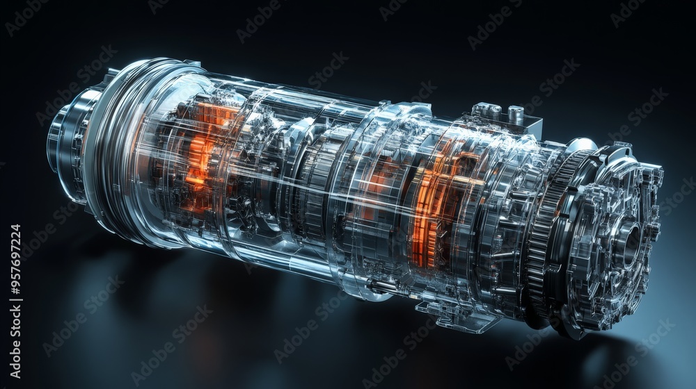 Poster high-tech transparent mechanical engine with orange highlights, showcasing intricate details of gear