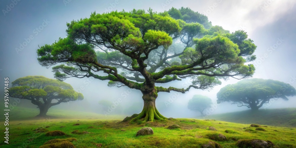 Wall mural Majestic tree shrouded in fog in the enchanted forest of Fanal, Madeira, Portugal , Tree, Fanal, Enchanted Forest, Fog