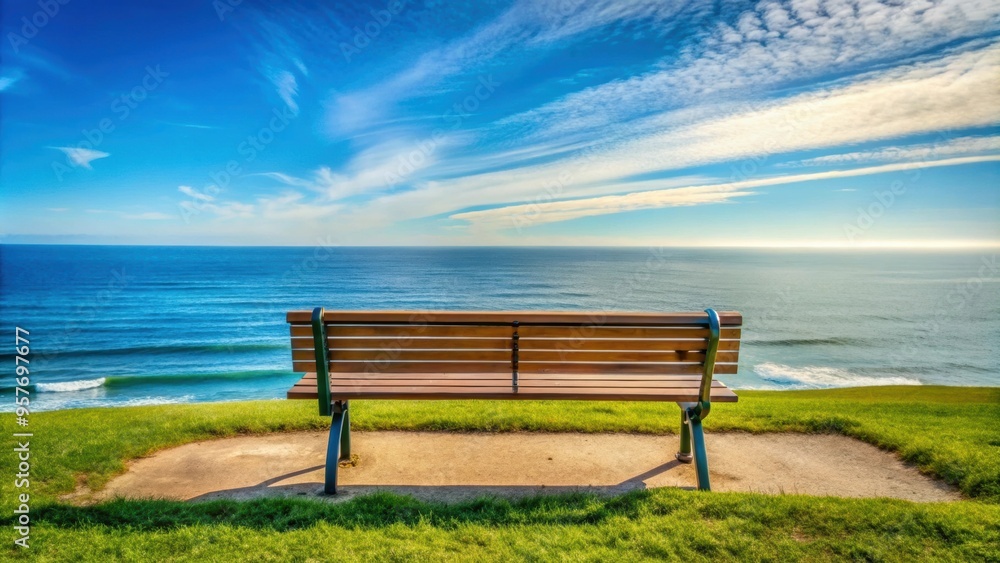 Poster Empty park bench with a view of the Pacific Ocean , solitude, relaxation, peaceful, scenic, waterfront, coastal