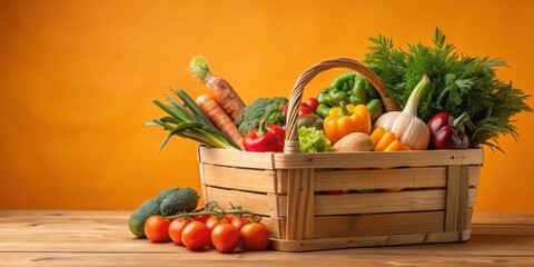 Wooden basket of freshly harvested vegetables on pastel orange background, vegetables, garden, harvest, fresh, organic