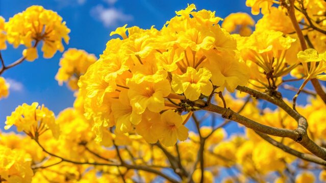 Vibrant yellow tabebuia flower in full blossom, yellow, tabebuia, flower, nature, vibrant, blossoming, blooming, petals, spring