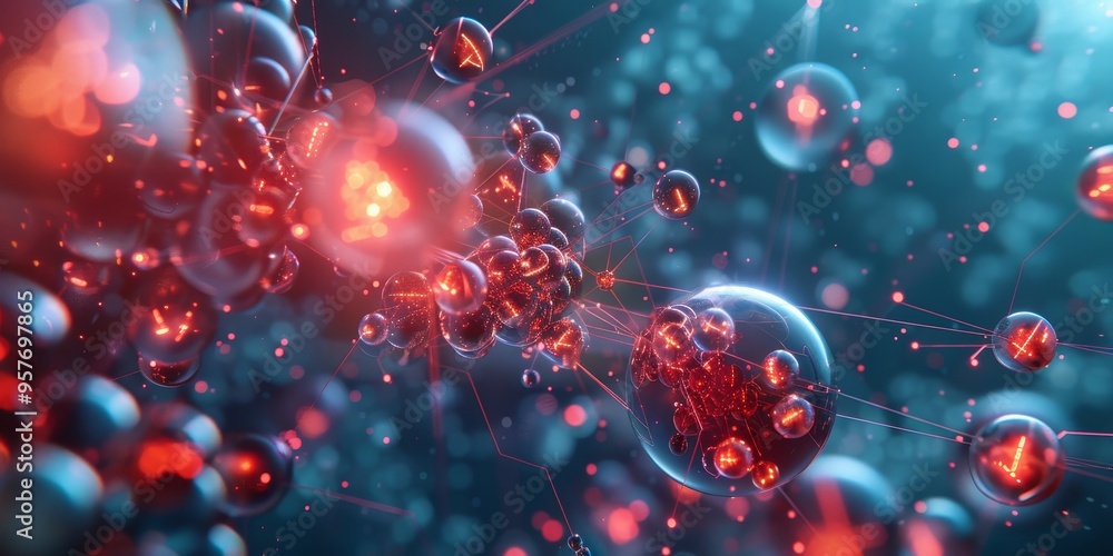 Poster Dynamic visualization of a molecule, with animated bonds and atoms, set against a high-tech lab environment
