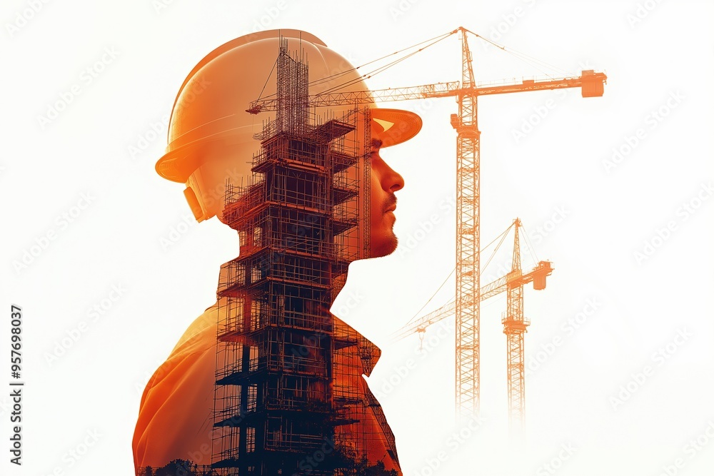 Poster construction worker overlapping image of building under construction