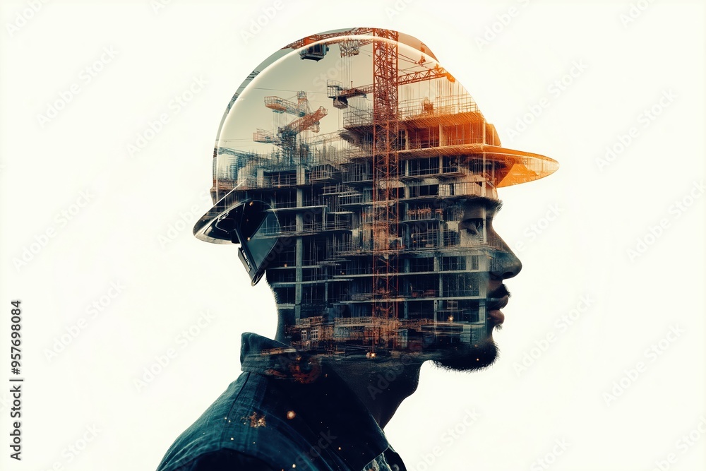 Poster construction worker visualizing new building project double exposure