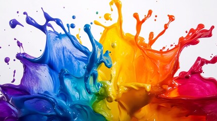 Bright paint splashes captured mid-motion, creating dynamic visual impact on a white background