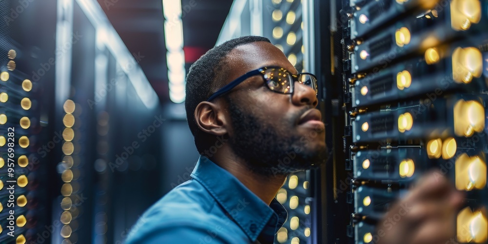Aufkleber An IT specialist working on computer servers in a data center, symbolizing technology expertise and digital infrastructure