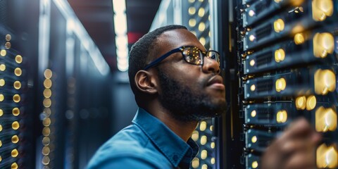 An IT specialist working on computer servers in a data center, symbolizing technology expertise and digital infrastructure