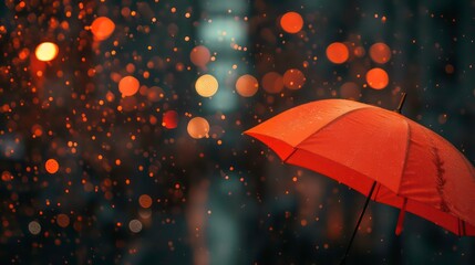 An orange umbrella with raindrops on it, in front of a blurry background of golden lights.