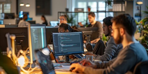 A diverse team of developers attending a hackathon event for program training, working together to innovate and solve coding challenges