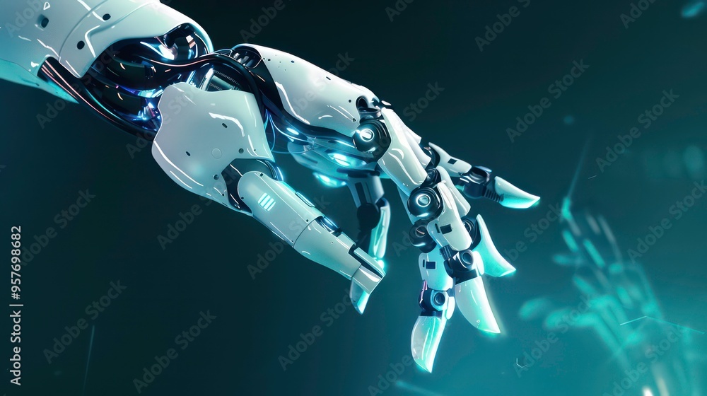 Poster a close up of a robotic hand with glowing blue lights, extending its index finger towards the viewer