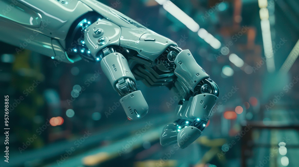 Poster close-up of a robotic hand with glowing lights and detailed mechanisms in a futuristic setting.