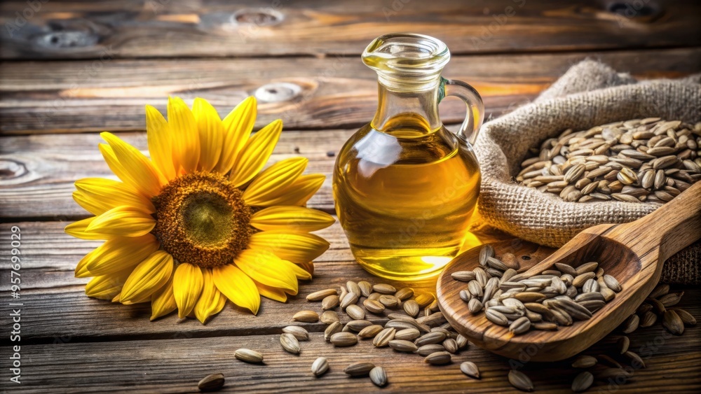 Poster Close-up of sunflower seeds and a bottle of sunflower oil on a rustic wooden background , sunflower, seeds, oil