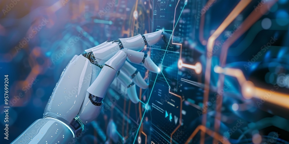 Poster a close-up of a robot hand touching a digital interface, depicting artificial intelligence and techn