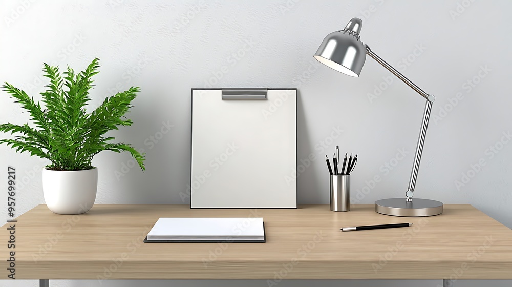 Poster elegant wooden desk with blank notepad, minimalistic pen, and stylish desk lamp for conceptual and s