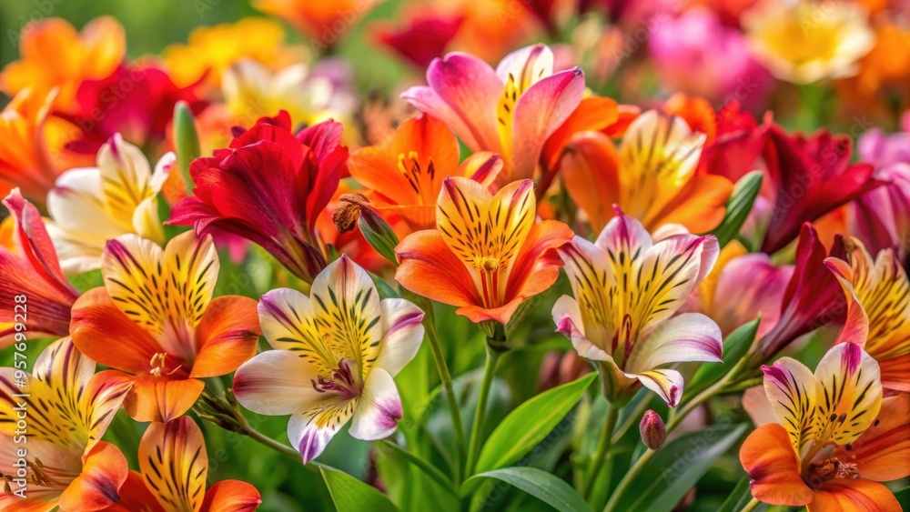 Poster Vibrant Peruvian lilies in a variety of colors like orange, yellow, and pink, also known as Indian Summer lilies