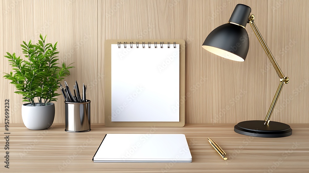 Poster minimalistic workspace with blank notepad on elegant wooden desk - conceptual, sophisticated, high-r
