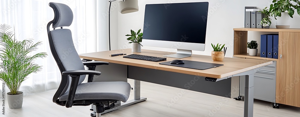 Poster modern ergonomic workspace with open notebook and large monitor for productivity and organization | 