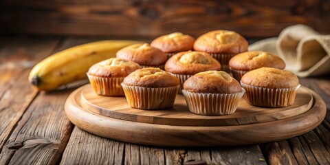 Mini banana muffins displayed on a rustic wooden plate , delicious, baked goods, dessert, snack, breakfast, homemade