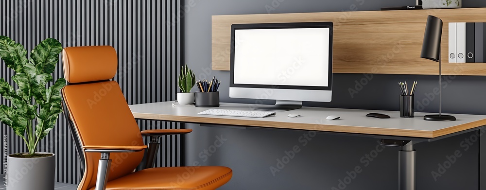 Poster minimalist workspace with blank canvas for copy space - modern desk setting with stylish chair and o