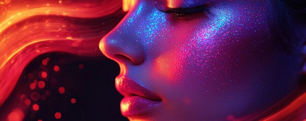 Beauty guru applying blush against a dynamic digital background, high-energy visuals and vibrant hues.