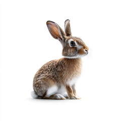 A cute rabbit sitting upright on a white background, highlighting its alert and curious nature in a clean, minimalist setting.