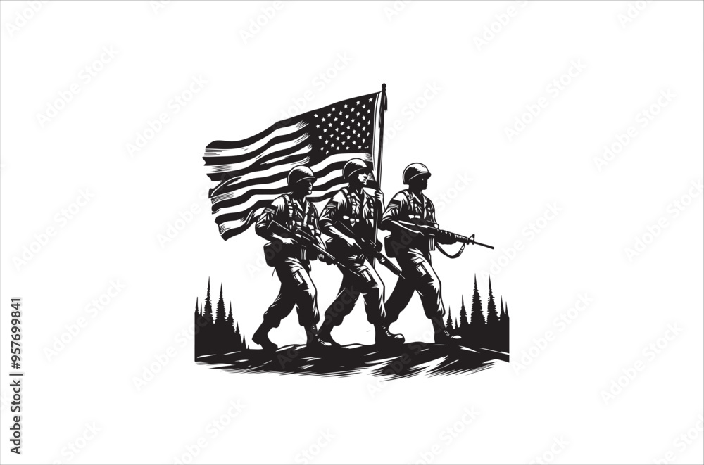 Wall mural silhouettes of army combat soldiers, soldiers vector bundle, silhouette, veteran soldier vector.