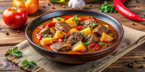Traditional Hungarian beef goulash soup and stew with chuck steak, potatoes, and paprika, Hungarian, food, cuisine, beef
